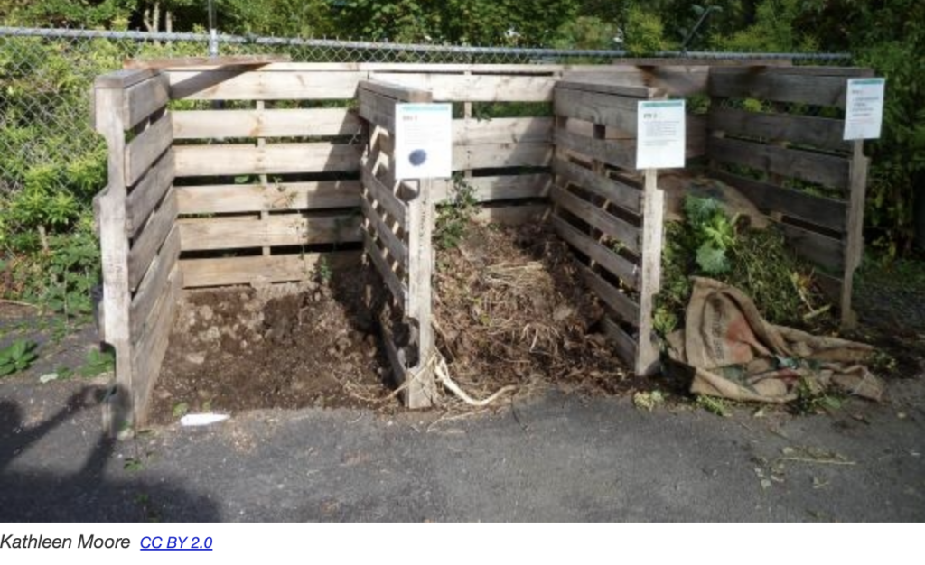 Compost heaps made of wood pallets. 